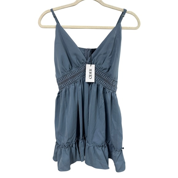 Cider Dresses & Skirts - Cider Womens Small Dusty Blue Crochet Lace Ruffle Hem Babydoll Cami Top NWT